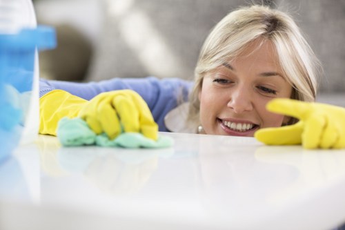 Supervisor reviewing safe working arrangements before a carpet cleaning task